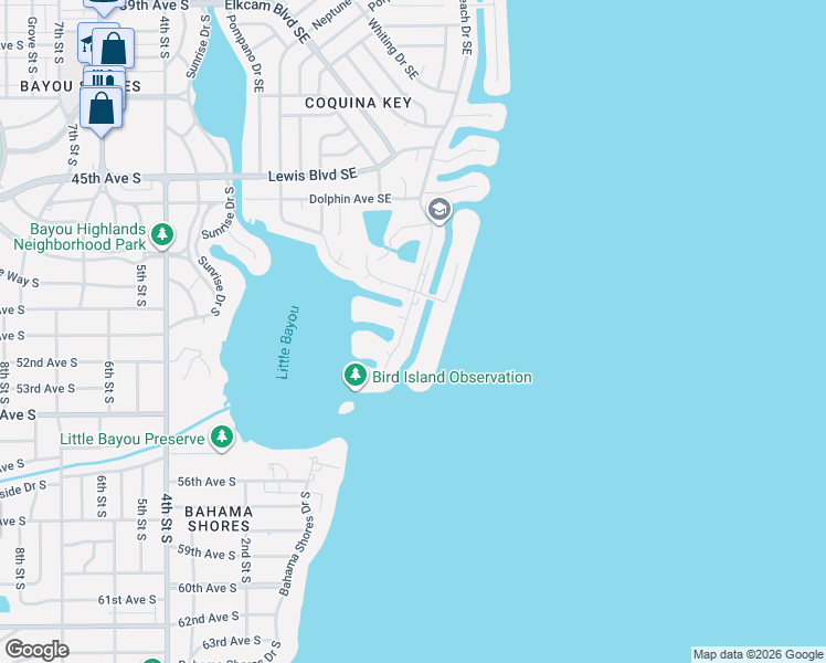 map of restaurants, bars, coffee shops, grocery stores, and more near 5116 Beach Drive Southeast in St. Petersburg