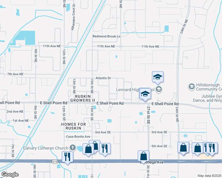 map of restaurants, bars, coffee shops, grocery stores, and more near 325 Crichton Street in Ruskin