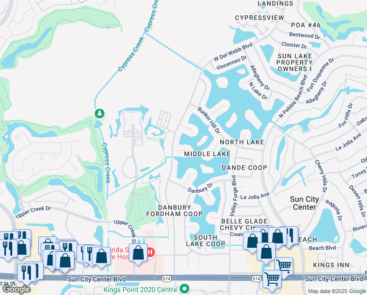 map of restaurants, bars, coffee shops, grocery stores, and more near 1804 Milford Circle in Sun City Center