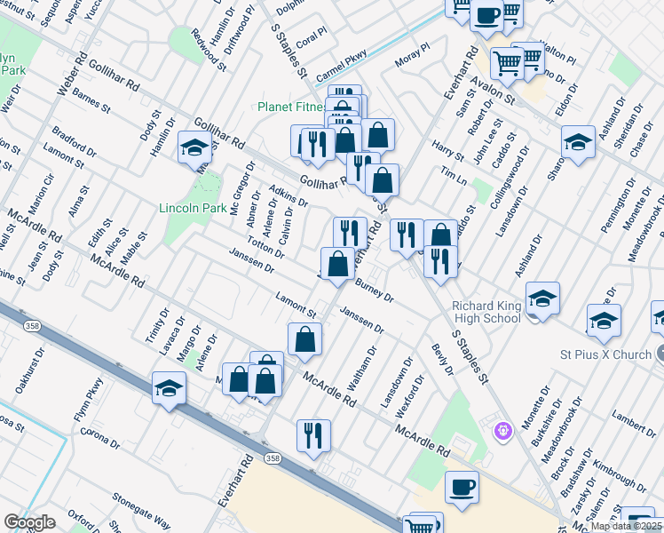 map of restaurants, bars, coffee shops, grocery stores, and more near 4622 Mildred Drive in Corpus Christi