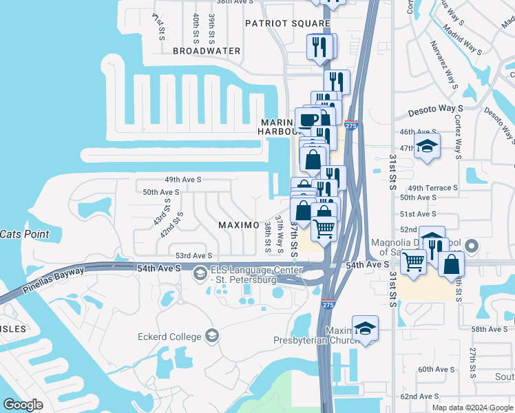 map of restaurants, bars, coffee shops, grocery stores, and more near 4924 38th Street South in St. Petersburg