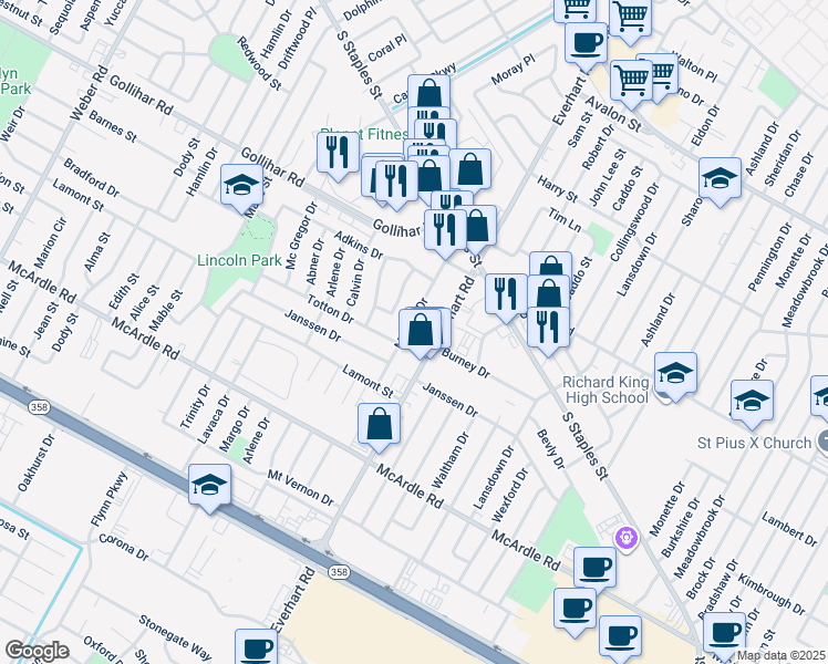 map of restaurants, bars, coffee shops, grocery stores, and more near 4622 Mildred Drive in Corpus Christi