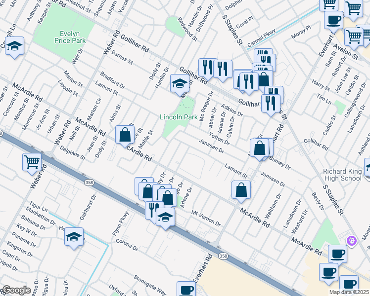 map of restaurants, bars, coffee shops, grocery stores, and more near 4421 Janssen Drive in Corpus Christi
