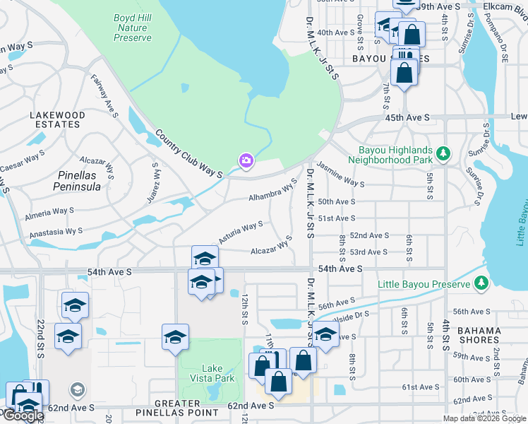 map of restaurants, bars, coffee shops, grocery stores, and more near 1128 Alhambra Way South in St. Petersburg