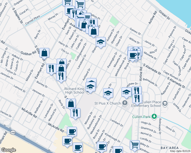 map of restaurants, bars, coffee shops, grocery stores, and more near 721 Sheridan Drive in Corpus Christi