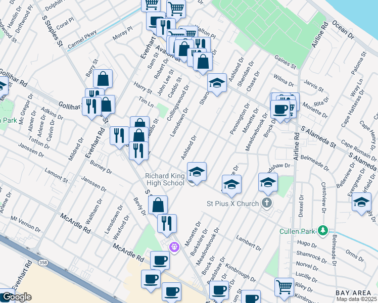 map of restaurants, bars, coffee shops, grocery stores, and more near 738 Ashland Drive in Corpus Christi