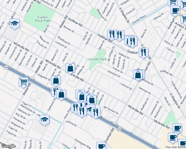 map of restaurants, bars, coffee shops, grocery stores, and more near 4801 Trinity Drive in Corpus Christi