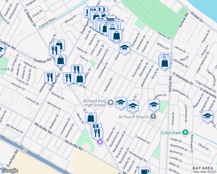 map of restaurants, bars, coffee shops, grocery stores, and more near 738 Ashland Drive in Corpus Christi