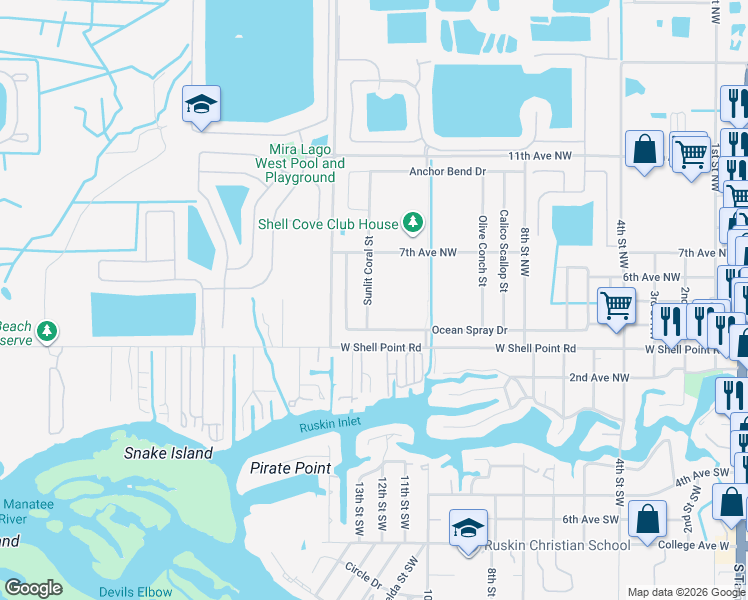 map of restaurants, bars, coffee shops, grocery stores, and more near 609 14th Street Northwest in Ruskin