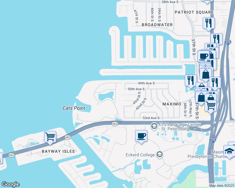 map of restaurants, bars, coffee shops, grocery stores, and more near 5000 Sandpiper Lane South in St. Petersburg