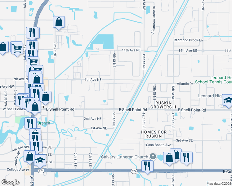 map of restaurants, bars, coffee shops, grocery stores, and more near 1218 Barclay Wood Drive in Ruskin