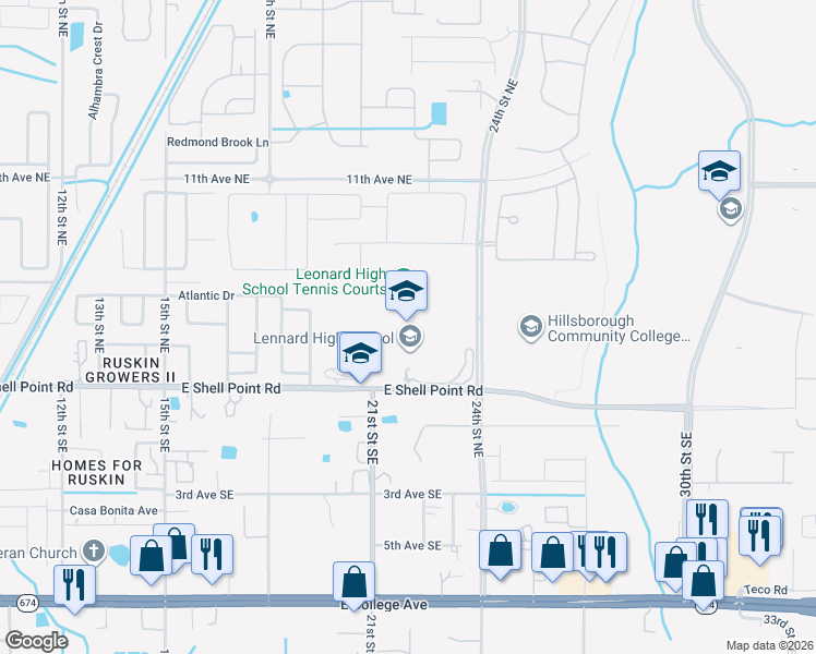 map of restaurants, bars, coffee shops, grocery stores, and more near 2342 Shell Point Road East in Ruskin