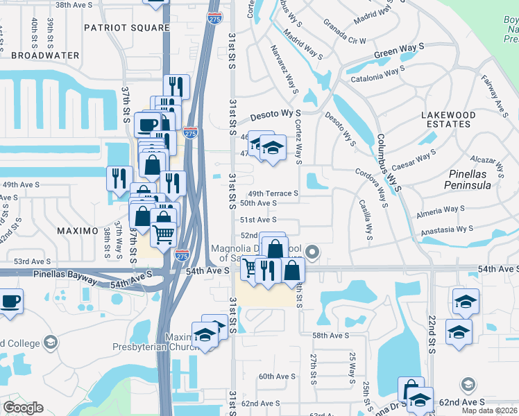 map of restaurants, bars, coffee shops, grocery stores, and more near 3010 49th Terrace South in St. Petersburg