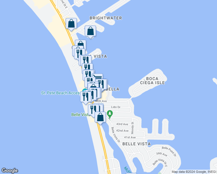 map of restaurants, bars, coffee shops, grocery stores, and more near 4659 Mirabella Court in St. Pete Beach