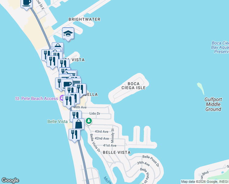 map of restaurants, bars, coffee shops, grocery stores, and more near 1320 Boca Ciega Isle Drive in St. Pete Beach