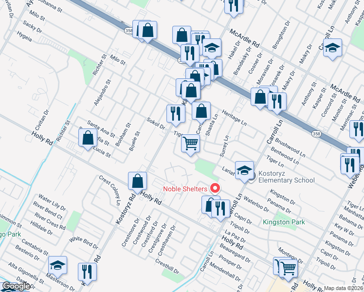 map of restaurants, bars, coffee shops, grocery stores, and more near 5409 Hitching Post Lane in Corpus Christi