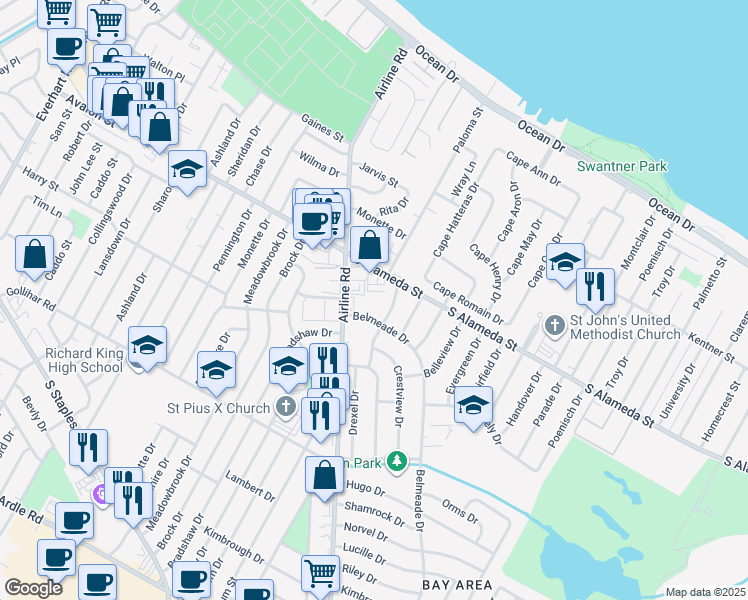 map of restaurants, bars, coffee shops, grocery stores, and more near 4855 South Alameda Street in Corpus Christi