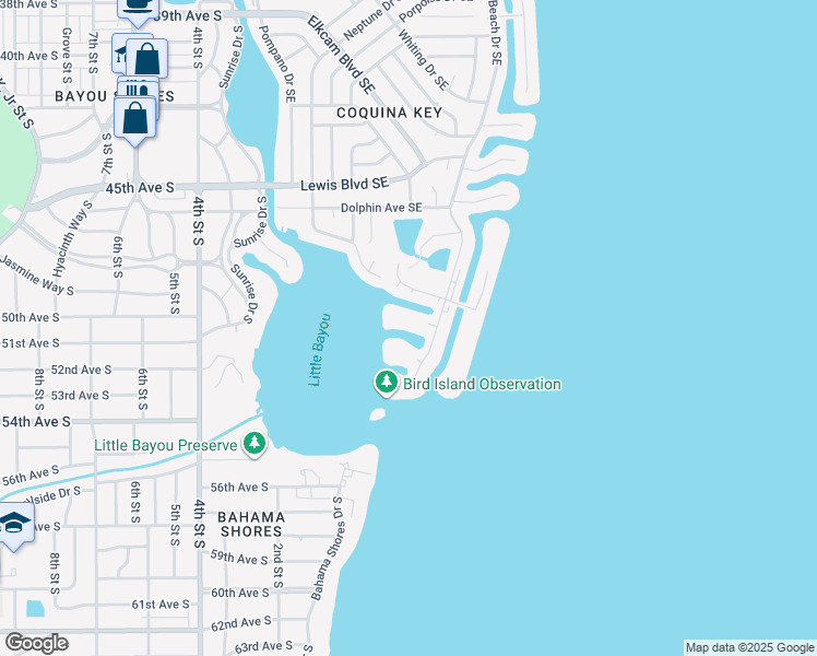 map of restaurants, bars, coffee shops, grocery stores, and more near 5011 Starfish Drive Southeast in St. Petersburg