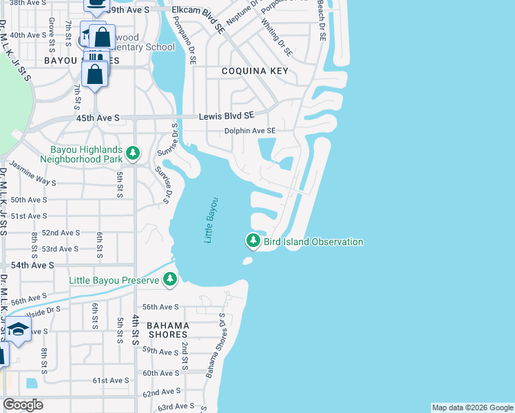 map of restaurants, bars, coffee shops, grocery stores, and more near 5011 Starfish Drive Southeast in St. Petersburg