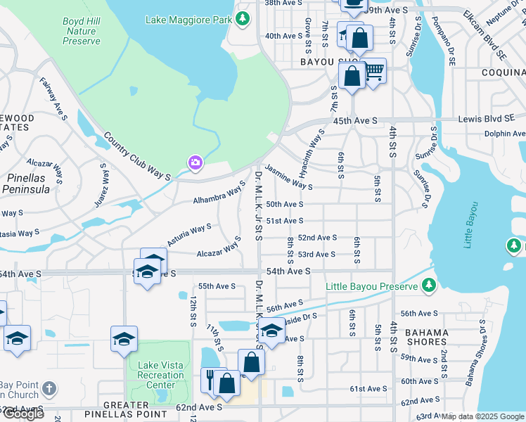map of restaurants, bars, coffee shops, grocery stores, and more near 852 50th Avenue South in St. Petersburg