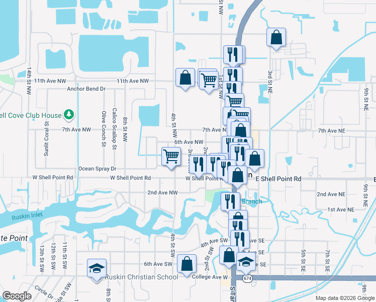 map of restaurants, bars, coffee shops, grocery stores, and more near 301 5th Avenue Northwest in Ruskin