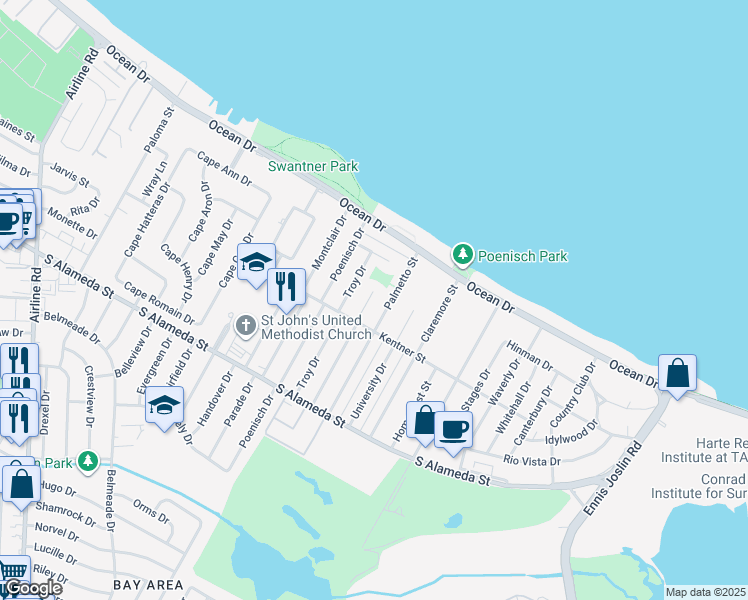 map of restaurants, bars, coffee shops, grocery stores, and more near 317 Haroldson Drive in Corpus Christi