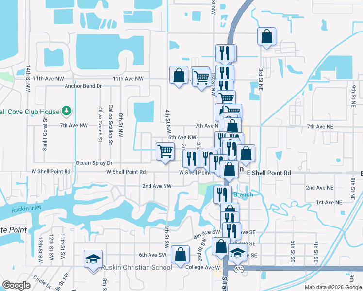 map of restaurants, bars, coffee shops, grocery stores, and more near 301 5th Avenue Northwest in Ruskin