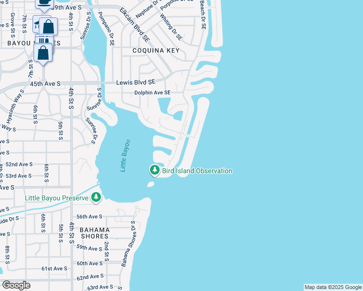 map of restaurants, bars, coffee shops, grocery stores, and more near 5072 Starfish Drive Southeast in St. Petersburg