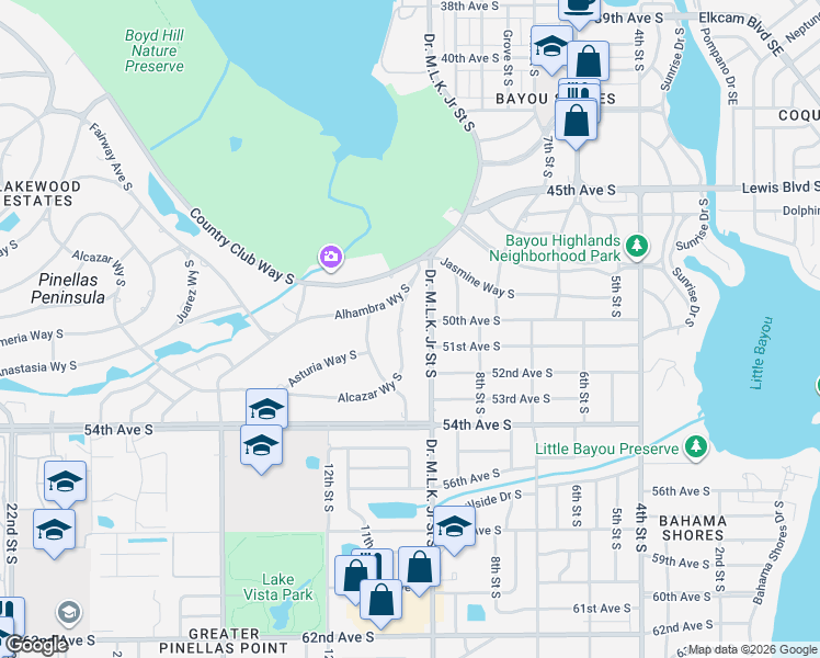 map of restaurants, bars, coffee shops, grocery stores, and more near 5001 Doctor Martin Luther King Junior Street South in St. Petersburg