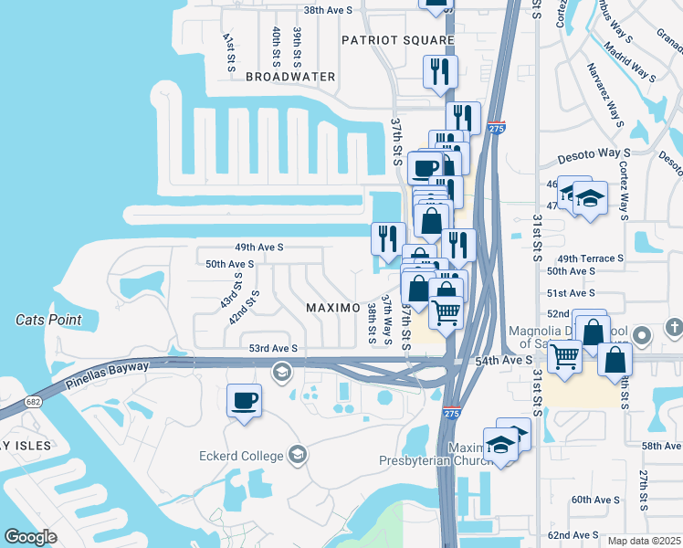 map of restaurants, bars, coffee shops, grocery stores, and more near 4913 38th Way South in St. Petersburg