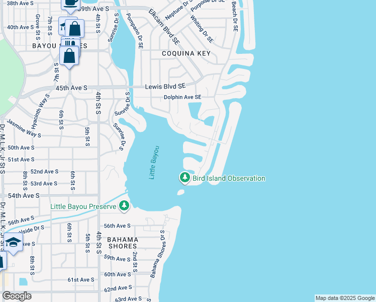 map of restaurants, bars, coffee shops, grocery stores, and more near 5011 Starfish Drive Southeast in St. Petersburg