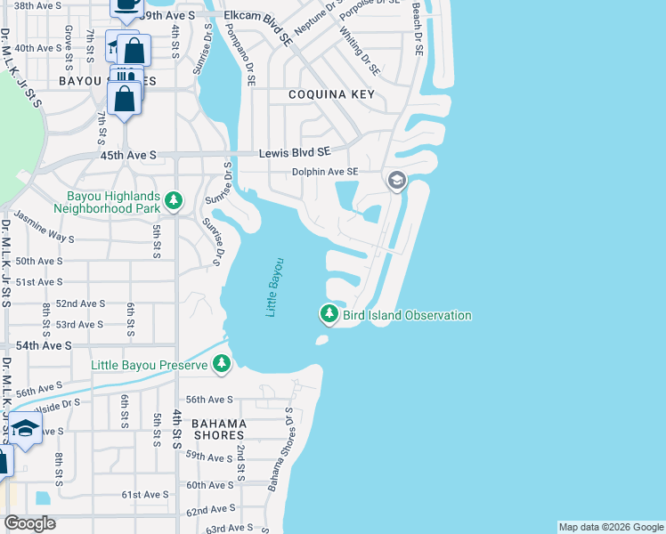 map of restaurants, bars, coffee shops, grocery stores, and more near 5011 Starfish Drive Southeast in St. Petersburg