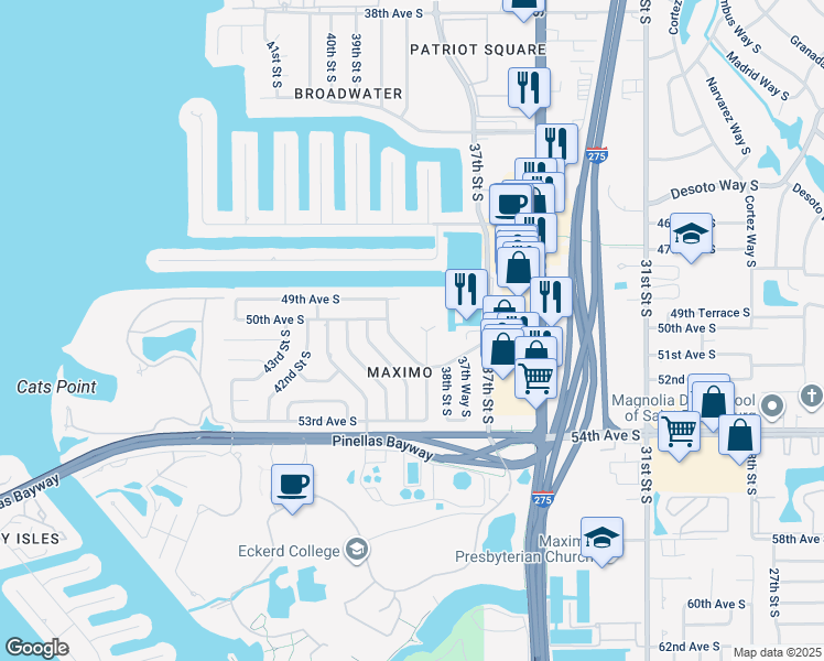 map of restaurants, bars, coffee shops, grocery stores, and more near 4913 38th Way South in St. Petersburg