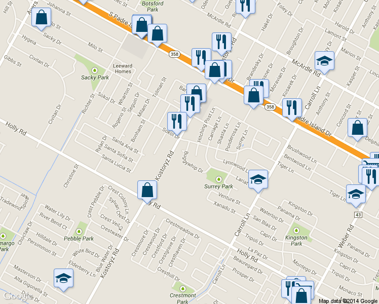 map of restaurants, bars, coffee shops, grocery stores, and more near 5409 Hitching Post Lane in Corpus Christi