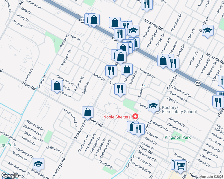map of restaurants, bars, coffee shops, grocery stores, and more near 5409 Hitching Post Lane in Corpus Christi