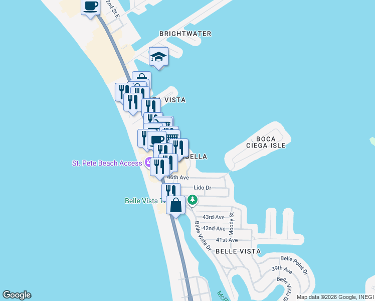 map of restaurants, bars, coffee shops, grocery stores, and more near 4659 Mirabella Court in St. Pete Beach