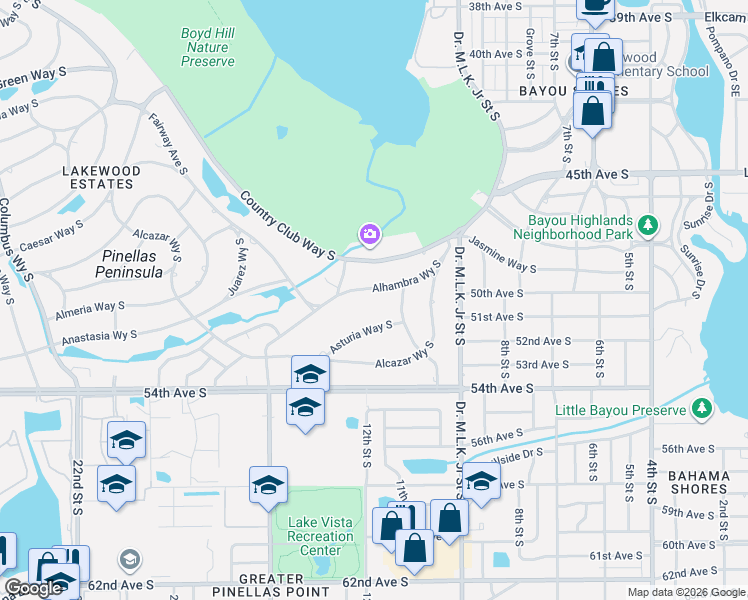 map of restaurants, bars, coffee shops, grocery stores, and more near 1128 Alhambra Way South in St. Petersburg