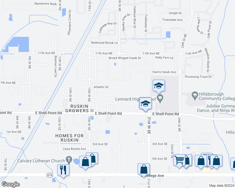 map of restaurants, bars, coffee shops, grocery stores, and more near 415 Vine Cliff Court in Ruskin