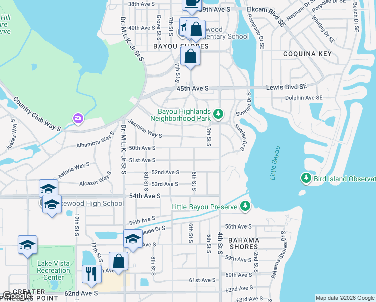 map of restaurants, bars, coffee shops, grocery stores, and more near 620 50th Avenue South in Saint Petersburg