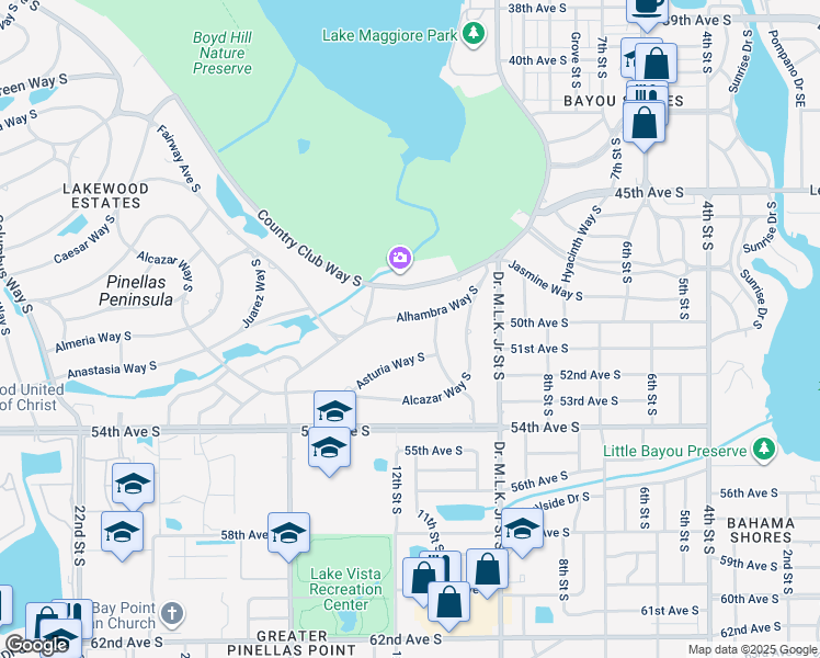 map of restaurants, bars, coffee shops, grocery stores, and more near 1128 Alhambra Way South in St. Petersburg