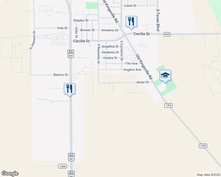 map of restaurants, bars, coffee shops, grocery stores, and more near 500 Alviar Street in Alice