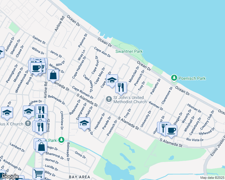 map of restaurants, bars, coffee shops, grocery stores, and more near 5241 Kentner Street in Corpus Christi