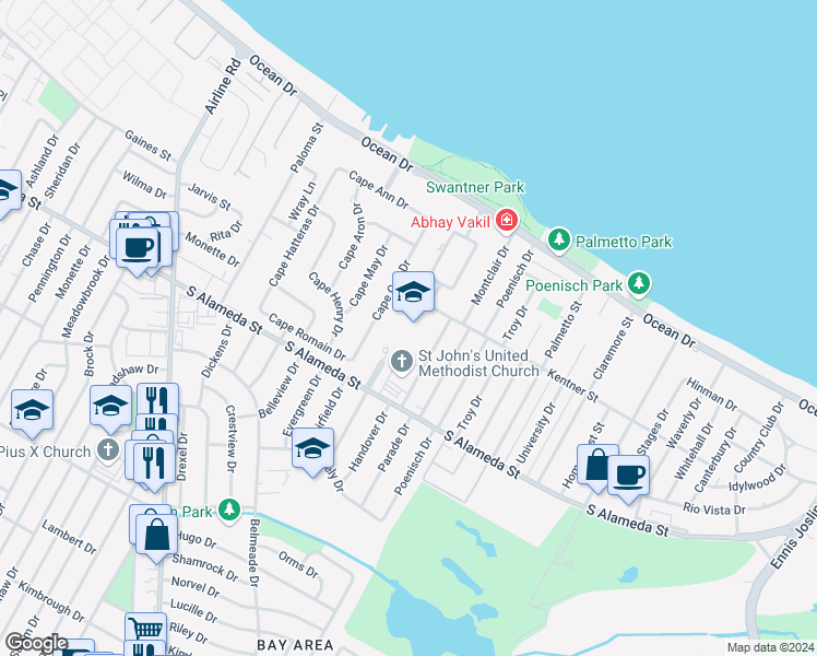 map of restaurants, bars, coffee shops, grocery stores, and more near 5241 Kentner Street in Corpus Christi