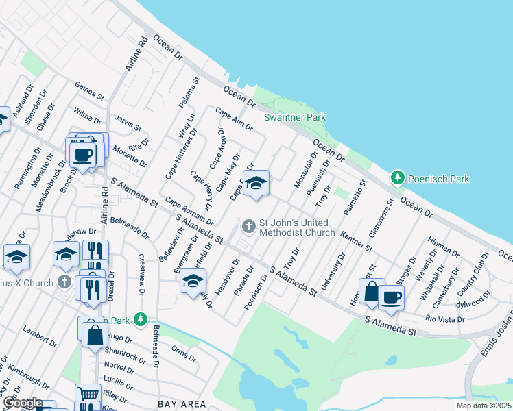 map of restaurants, bars, coffee shops, grocery stores, and more near 5241 Kentner Street in Corpus Christi