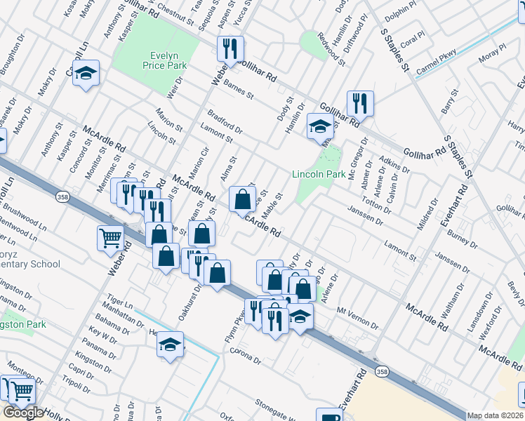 map of restaurants, bars, coffee shops, grocery stores, and more near 4817 Mable Street in Corpus Christi