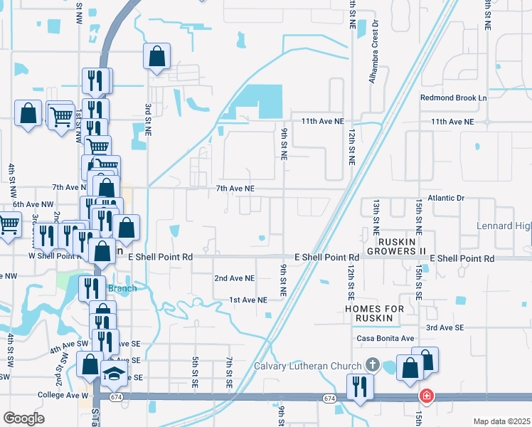 map of restaurants, bars, coffee shops, grocery stores, and more near 502 Delwood Breck Street in Ruskin