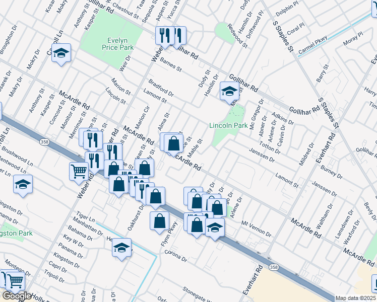 map of restaurants, bars, coffee shops, grocery stores, and more near 4817 Mable Street in Corpus Christi