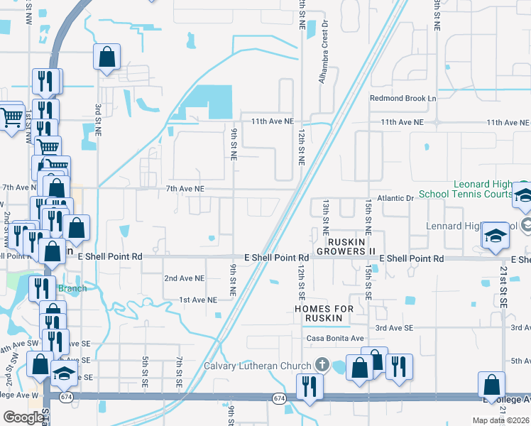 map of restaurants, bars, coffee shops, grocery stores, and more near 501 Caribe Ridge Way in Ruskin