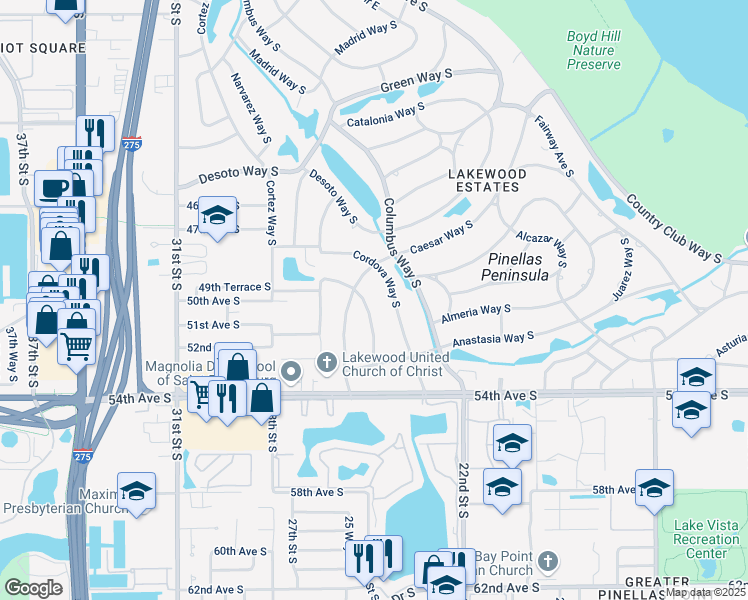 map of restaurants, bars, coffee shops, grocery stores, and more near 5026 Casilla Way South in St. Petersburg