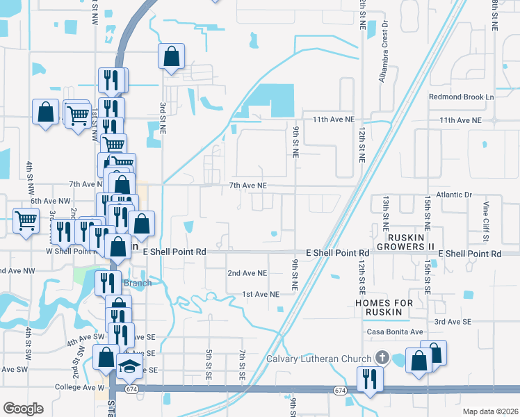map of restaurants, bars, coffee shops, grocery stores, and more near 510 Glenn Cross Drive in Ruskin